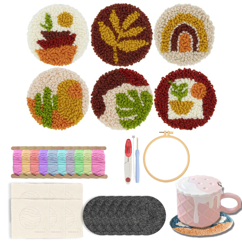 

GATYZTORY 6pcsPunch Needle Embroidery Coaster Set Crafts Needlework Arts Plant DIY Handicraft Cup Mat Pack Home Decoration