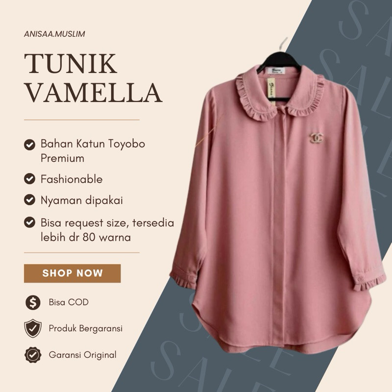 (BEST SELLER) Baju Atasan Wanita Terbaru Vamella Tunik Tunic Katun Toyobo Premium Putih Hitam Maroon