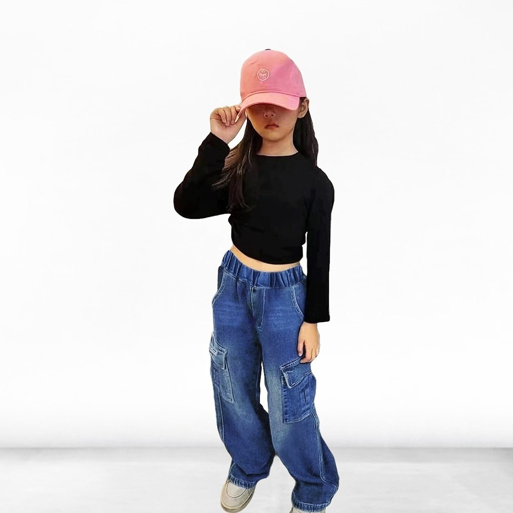 Celana Panjang Kulot Jeans Import Saku Cargo Anak Cewek Perempuan  Usia 6 7 8 9 10 Tahun SHINE