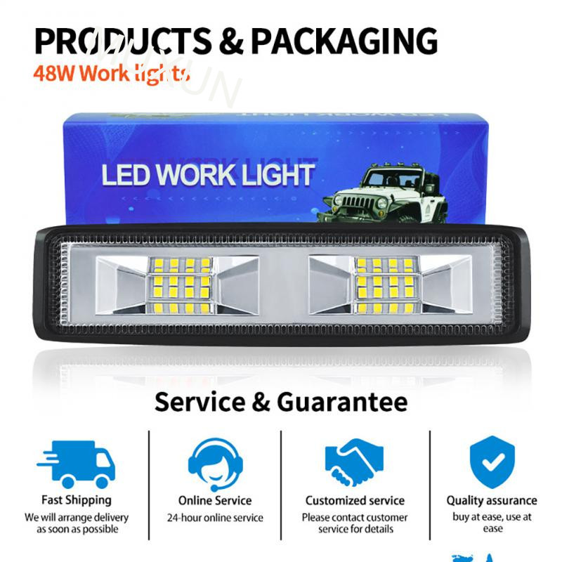 Lampu Bar LED 12V 24V Off Road 4X4 Aksesoris Lampu Kerja 48W Untuk Jeep Truk Mobil Perahu Traktor Tr