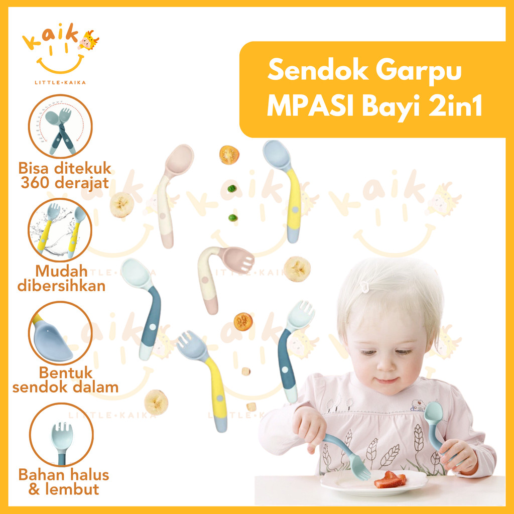 LITTLE KAIKA | MKN72 Sendok dan Garpu MPASI Bayi Bisa Ditekuk 360° Baby Spoon Fork / Set Peralatan M