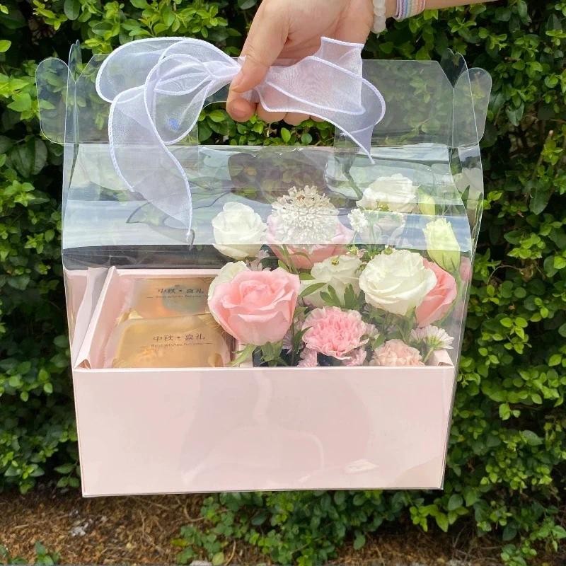 

1pcs PVC Transparent Handheld Flower Box Visual Flower Cake Double Grid Gift Box Handmade DIY Floral Bouquet Packaging Materials