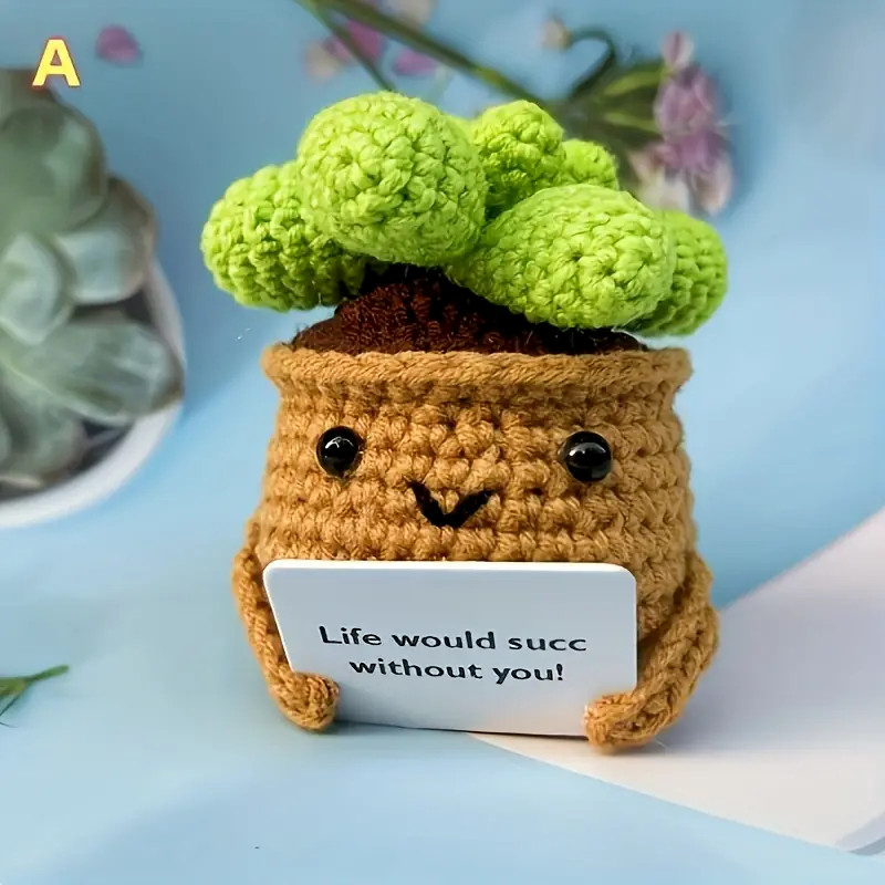 

Crochet Mini Cactus Flower Hand Woven Succulent Plant Woolen Yarn Adorable Knitted Positive Vibes Companion Inspirational Card