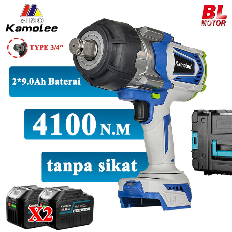 Kamolee 4100N.M 3/4Inci Brushless Impact Wrench, Set Perkakas Listrik (Kompatibel dengan Baterai Mak