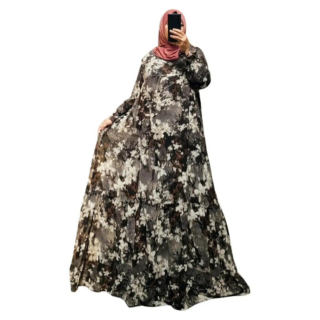 Anita Gamis Jumbo LD120 PB145+ Maxi Dress Bahan Ceruty Babydoll Layer Full Furing Kaos Motif Bunga