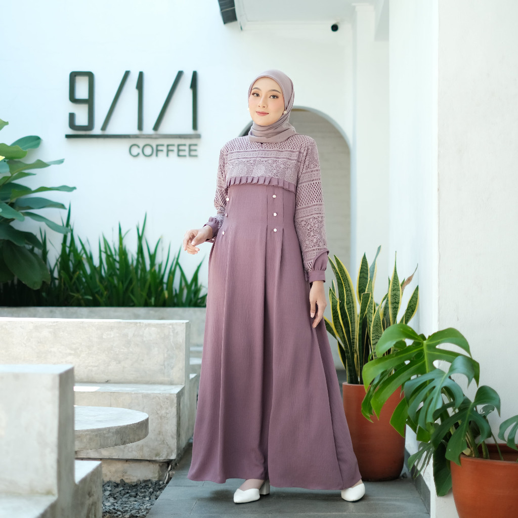 Gamis Wanita Jumbo Inara Dress Crincle Airflow Mix Brukat Malika Premium