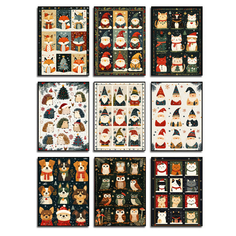 Cartoon Abstract Cute Santa Claus  Dressed Animals Cat Puppy Poster Canvas Paint Prints Art Home Roo