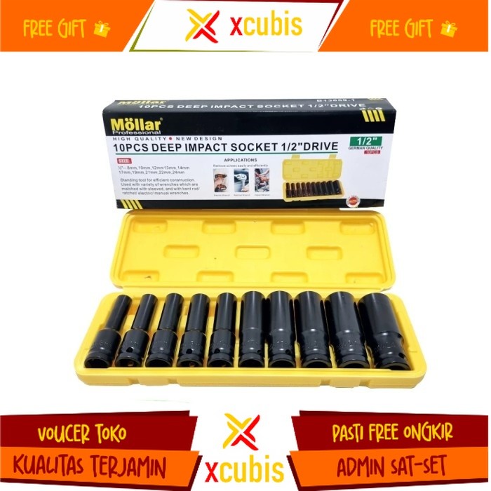 MOLLAR DEEP SOCKET impact SET 10 PCS (8-24mm) 1/2 inch deep wall sock