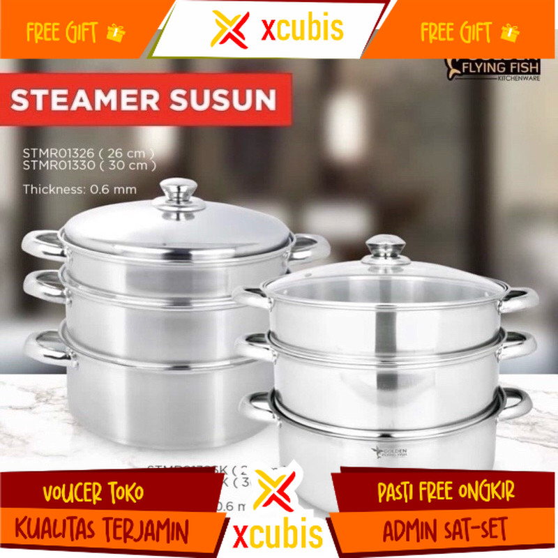 Panci Steamer 3 Susun 36cm - Stainless Steel - Tutup Stainless - Panci Kukusan Tingkat 3 - Steamer K