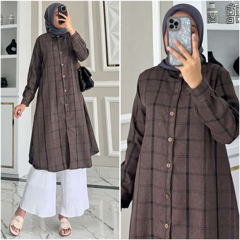 Poppy Square Tunik by CODELINE / Baju Atasan Wanita Muslim Tunik Kerja Kuliah Panjang Motif Kotak-ko