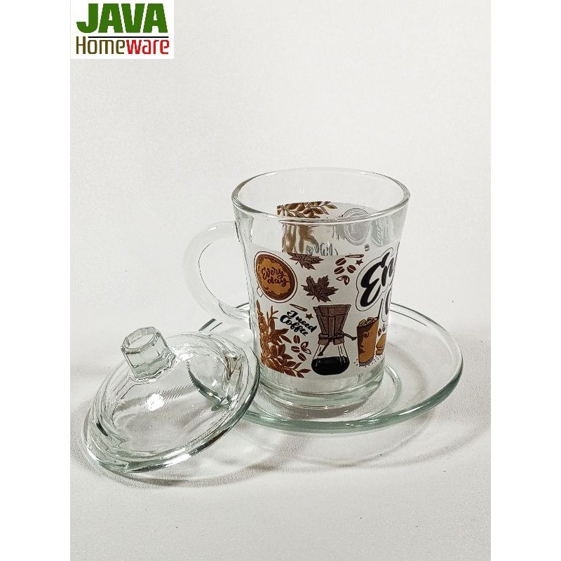 CANGKIR LEPEK ENJOY COFFEE SET | GELAS LEPEK KACA  | GELAS LEPEK BENING PRINTING | GELAS KACA SOUVEN
