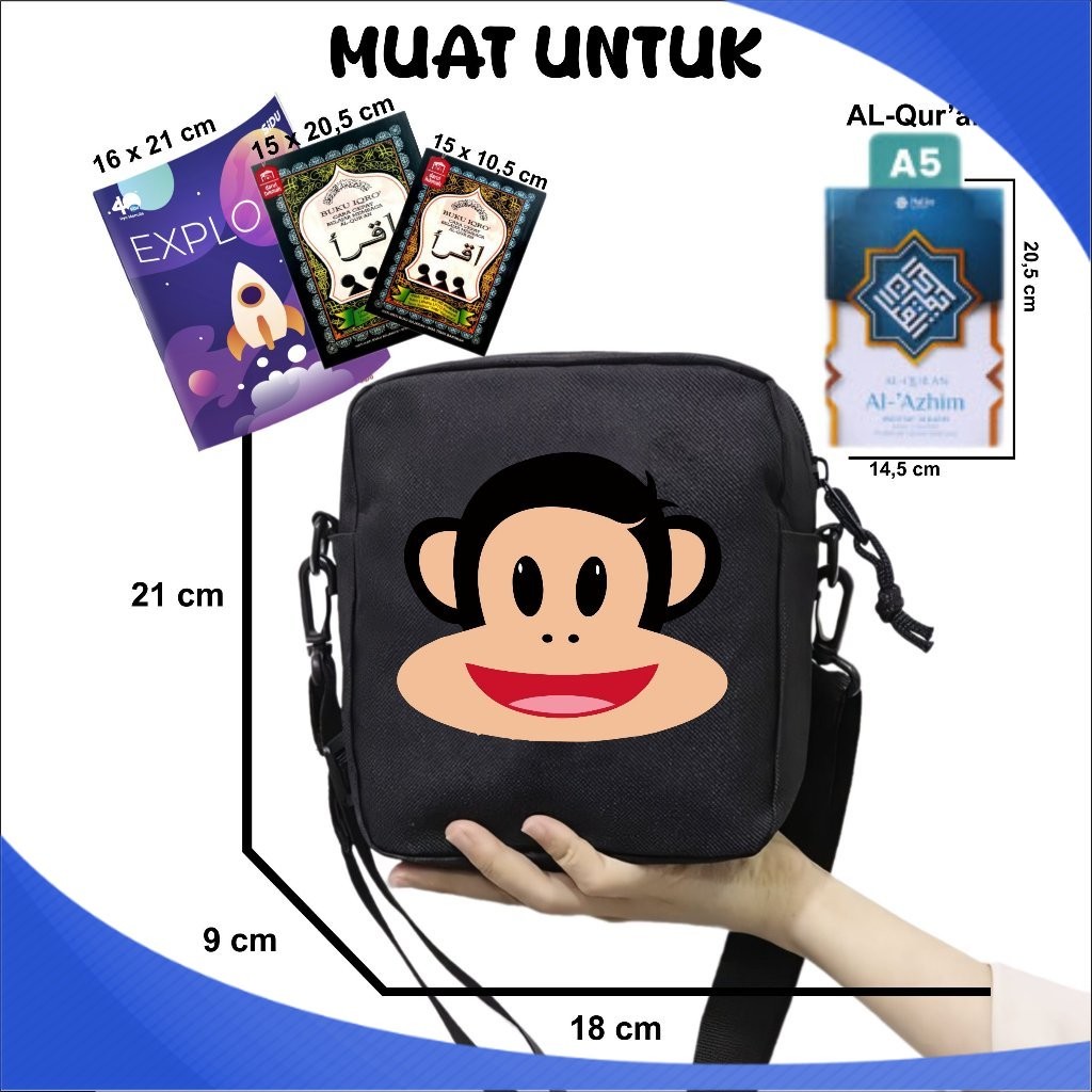 AFR Tas Anak Selempang Paul Frank Monkey Cocok Untuk Sekolah dan Mengaji Unisex Fashion Kids 27 A5