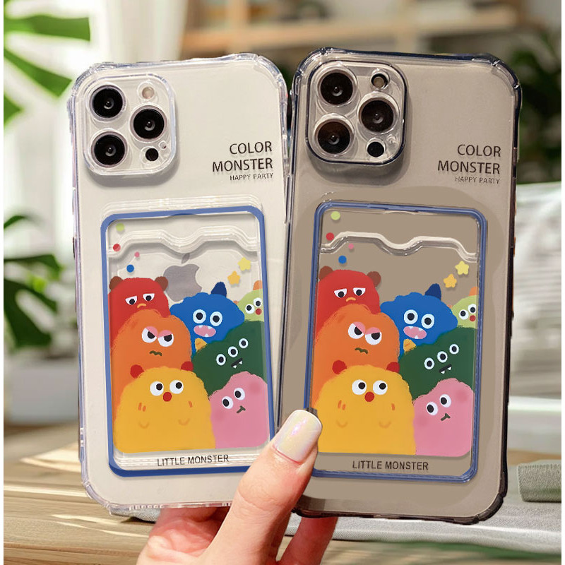 Cute Colour Monster Happy Casing Clear Ponsel Pocket Card Holder Phone Case untuk Samsung A02s A12 A