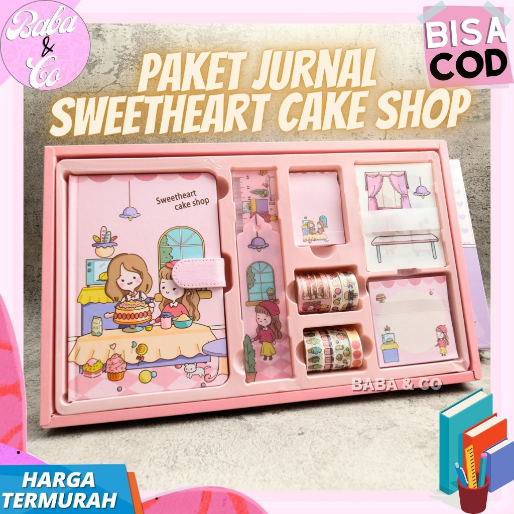 

JURNAL 7 IN 1 SWEETHEART CAKE SHOP JURNAL SWEET HEART (1 NOTEBOOK HARDCOVER , 2 SET WASHI TAPE , 2 SET STICKY NOTES , 1PEMBATAS BUKU ,1 STIKER ANTI AIR ) PAKET JURNAL 1 SET ISI 7 PCS PAKET MURAH BUKU HARIAN ALAT TULIS ESTETIK LETTERING ATK