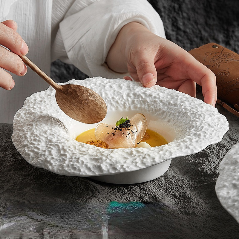 Imitation Rock Grain Ceramic Straw Hat Bowl Pasta Plate White Ceramic Salad Plate Home Deep Soup Pla