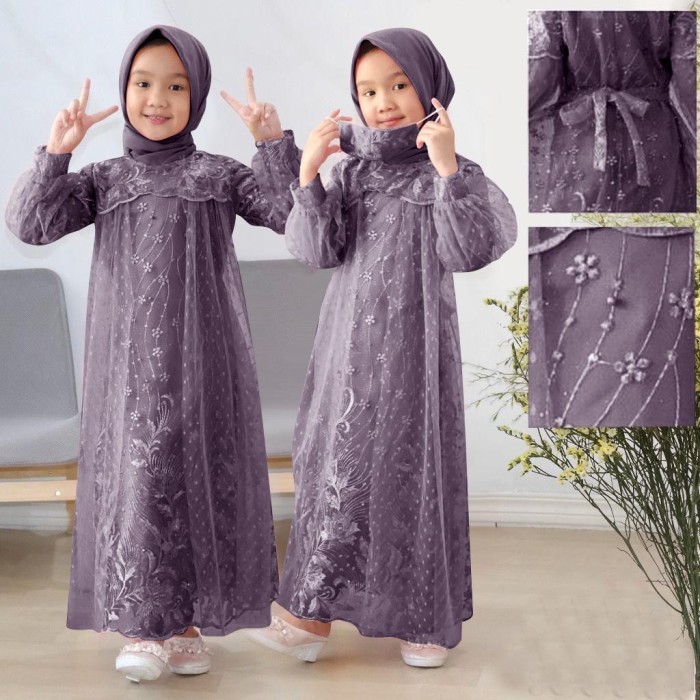 MAXI DRESS ANAK MUSLIM BAHAN TILE MUTIARA - LILAC, S