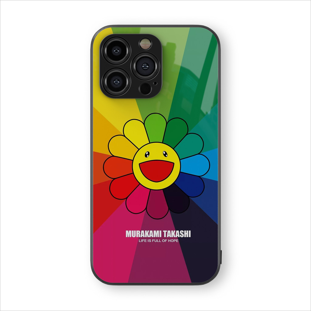 Flippercase Untuk Android & iPhone Murakami Takashi Rainbow Flower Art Colorful casing glass glossy 
