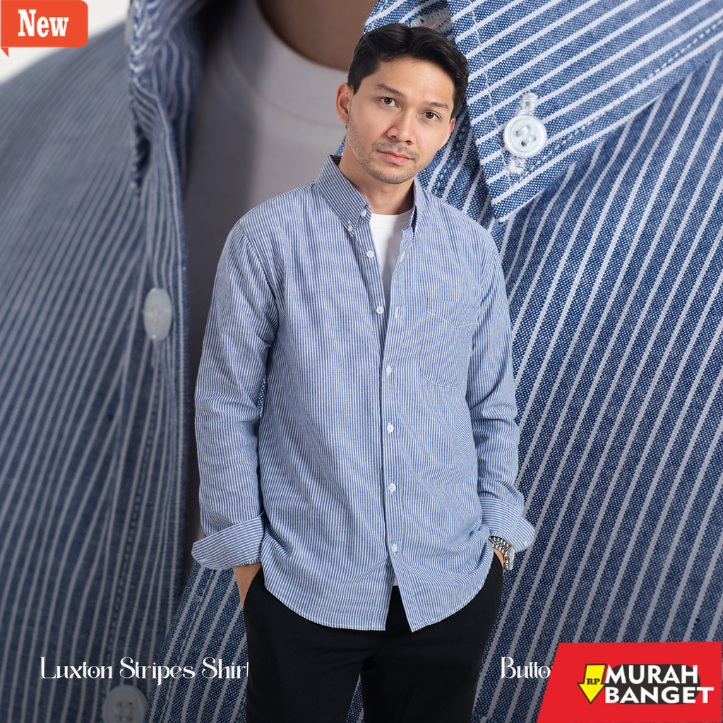 Kemeja formal pria Kemeja Garis Pria WOODCUTTER Basic Luxton Stripes - Denim Blue Biru Lengan Panjan