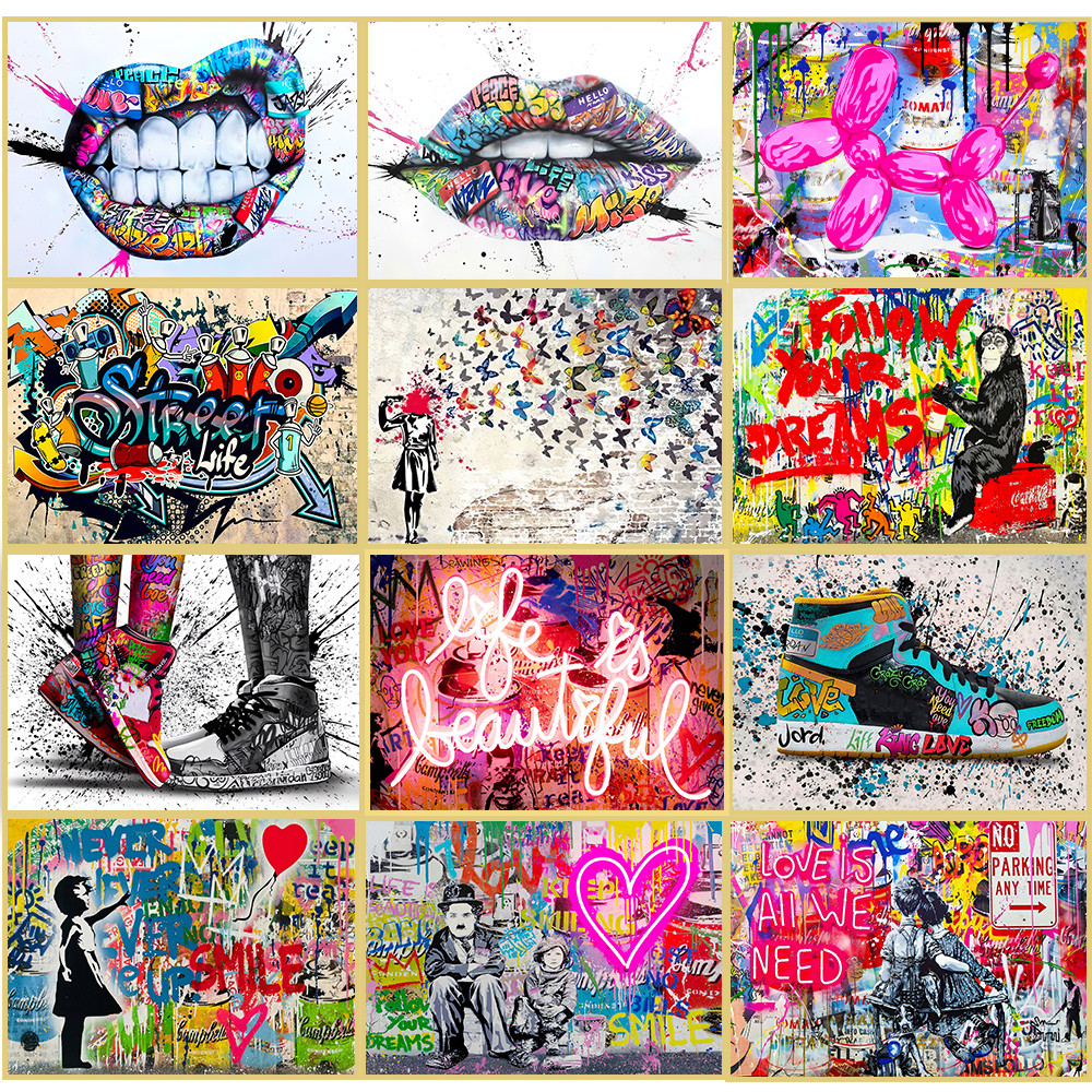 

Banksy Street Art Canvas Paintings Sneakers Mouth Ballon Girl Graffiti Pop Art Posters Prints Cuadros Wall Art Home Decoration