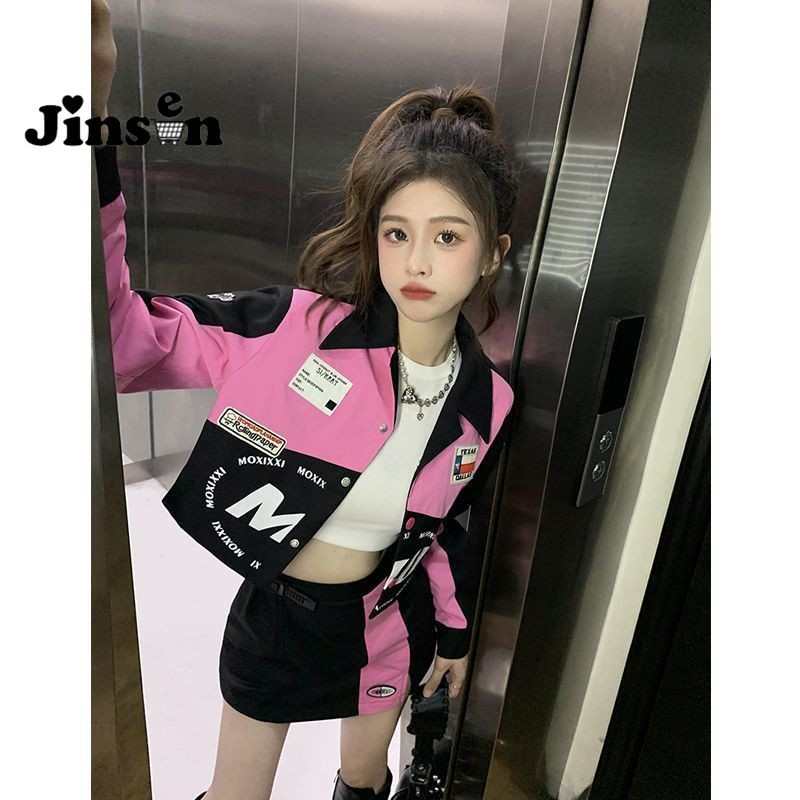 [JinSen]Mantel Pendek Gaya Sepeda Motor Untuk Wanita + Rok Memeluk Pinggul Dan Rok Pendek Dua Potong