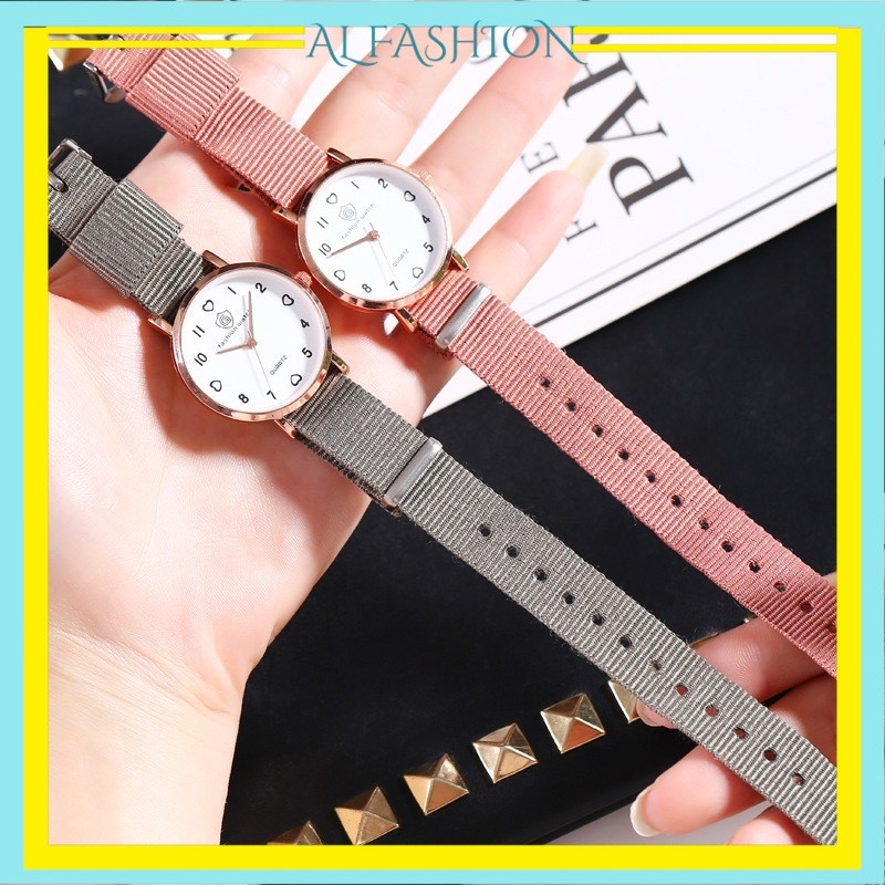 ALFS Jam Tangan Wanita Fashion Tali Canvas Gaya Korea Plat Love Jam Kain Cewek Murah