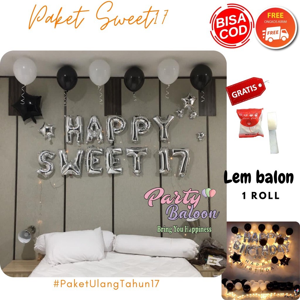 Paket Dekorasi Ulang Tahun Hitam Putih set Balon sweet 17 Birthday Decoration Black and White