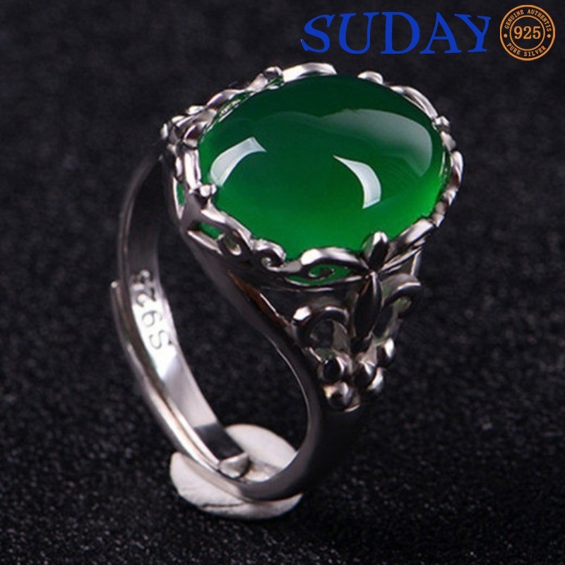 SUDAY Cincin Kristal Batu Akik Hijau Permata Zamrud Wanita Retro Pembukaan Indah Ring Wanita Yang Da