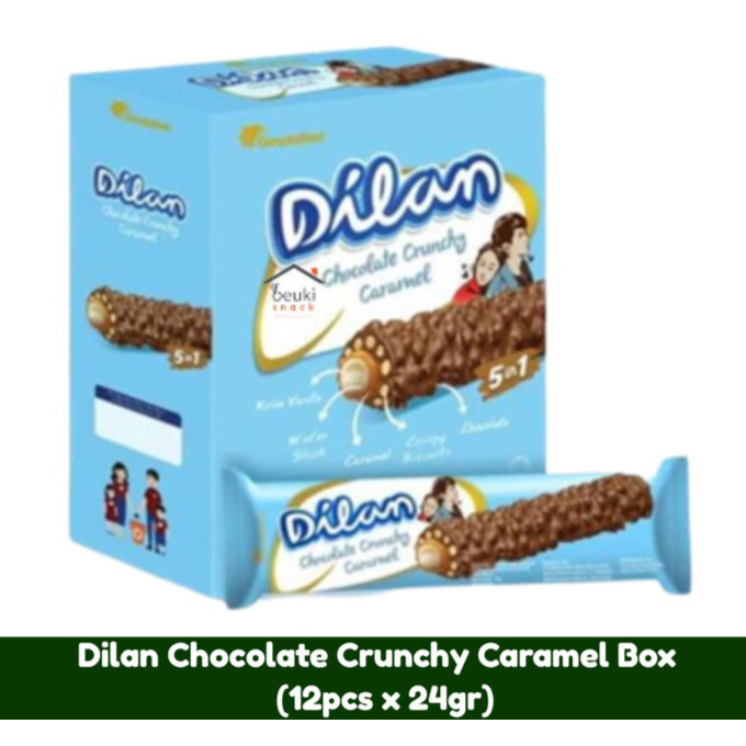 

Dilan Chocolate Crunchy Caramel Wafer Roll 1 Box isi 12 Pcs * 24 gr / Dilan Wafer Roll isi Krim Vanila dengan Krispi Biskuit Bersalut Karamel dan Coklat 288 gr