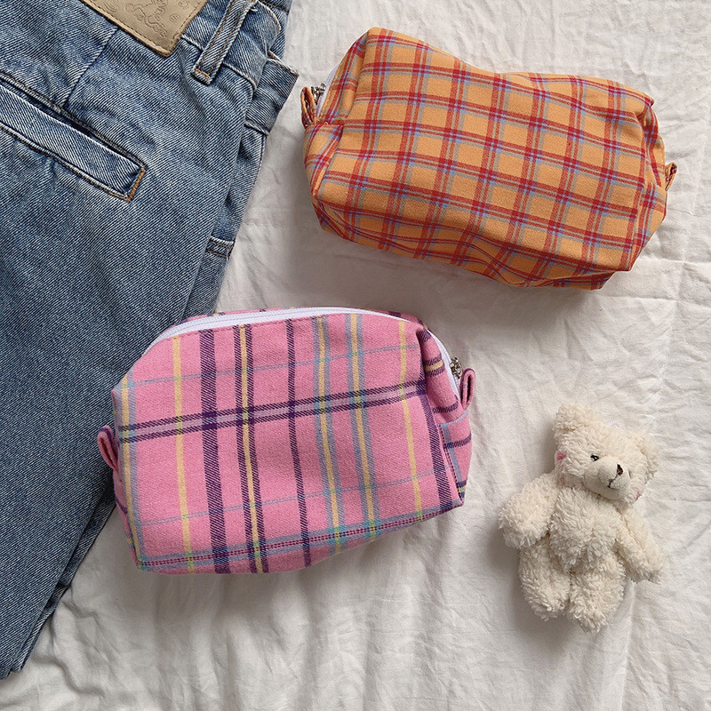 

Portable Plaid Cosmetic Bags Pencil Case Large Capacity Girly Storage Bags Makeup Pouch Toiletry Bag Gift