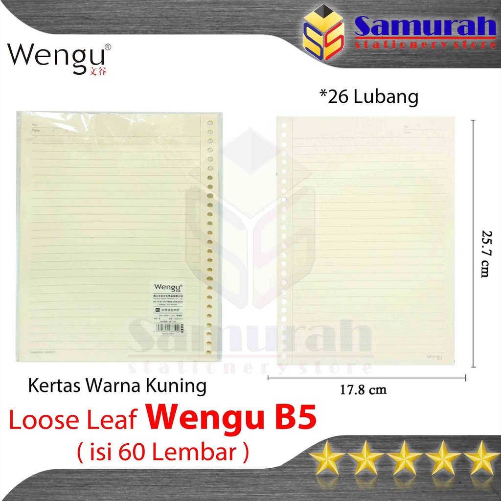 

Loose Leaf B5 50 Wengu Besar Bergaris isi 60 lembar / Kertas isi Binder File Boxy Warna Kuning 26 lubang