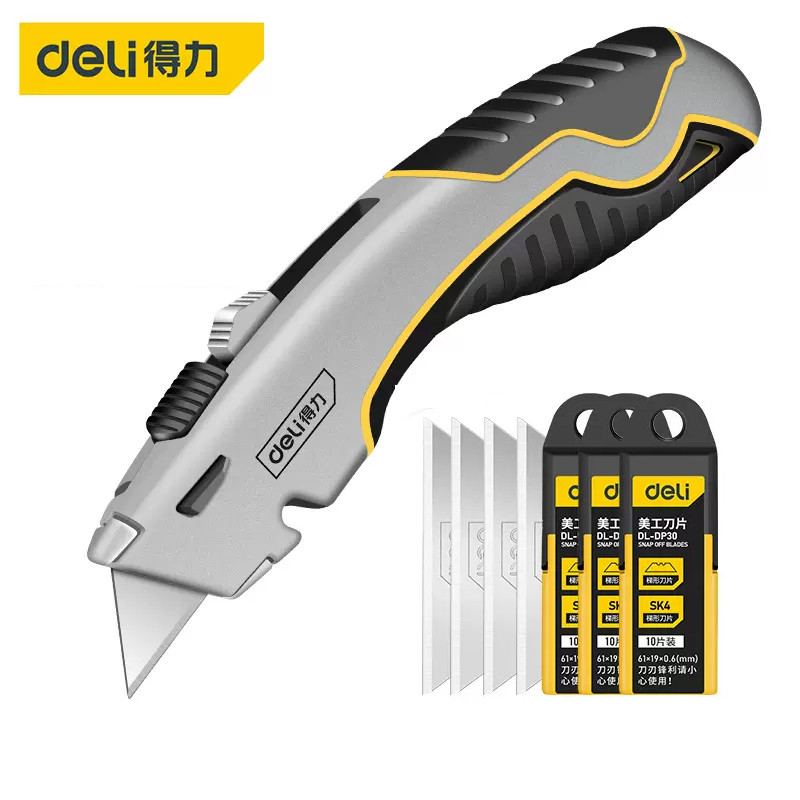 

Deli Sharp Zinc Alloy Metal Retractable Utility Knife, Heavy Duty Quick-Change SK2 Blades Box Cutter for Cardboard, Carton