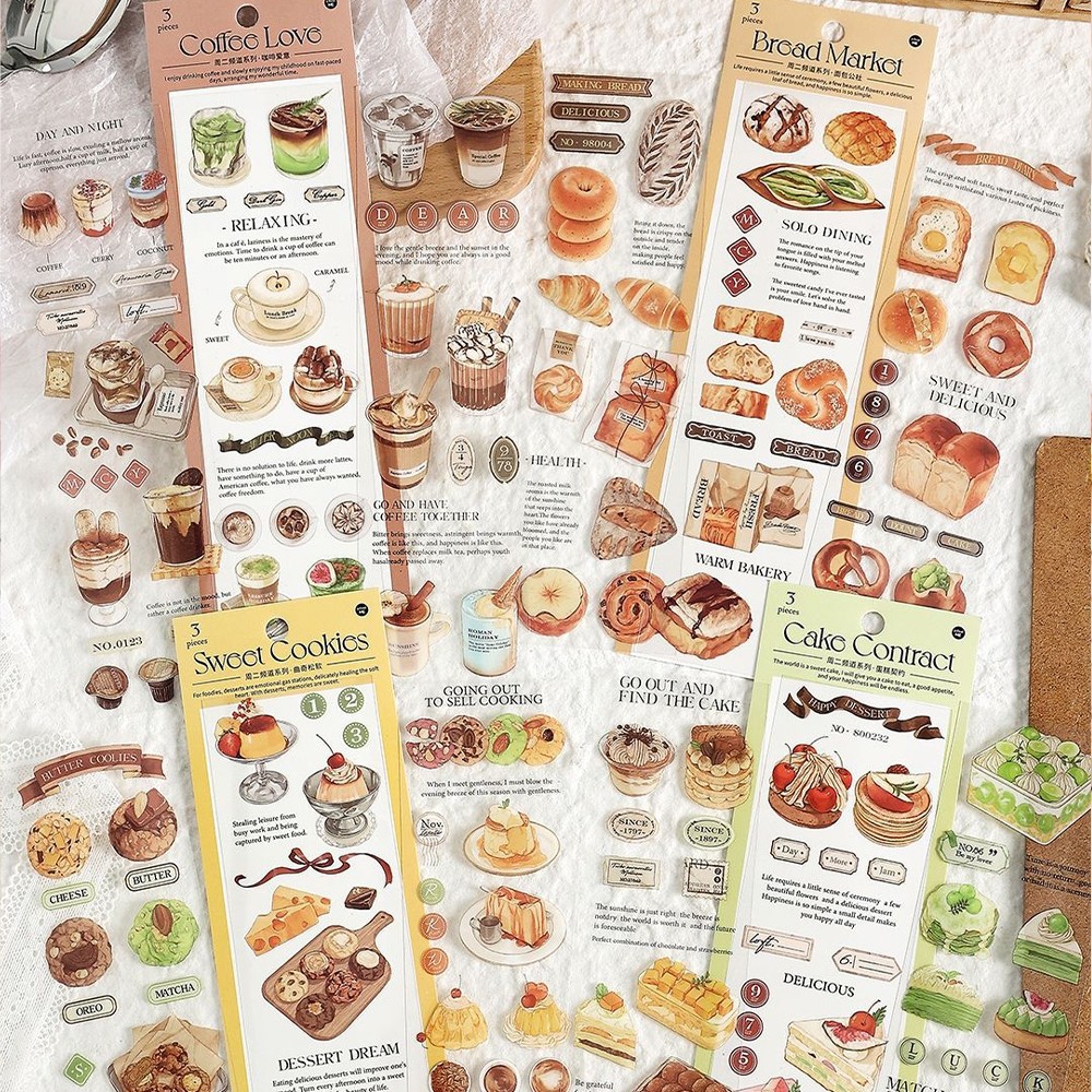 

Pita stiker PET retro ins kue roti kue kopi pola buku catatan dekorasi stiker bahan H730