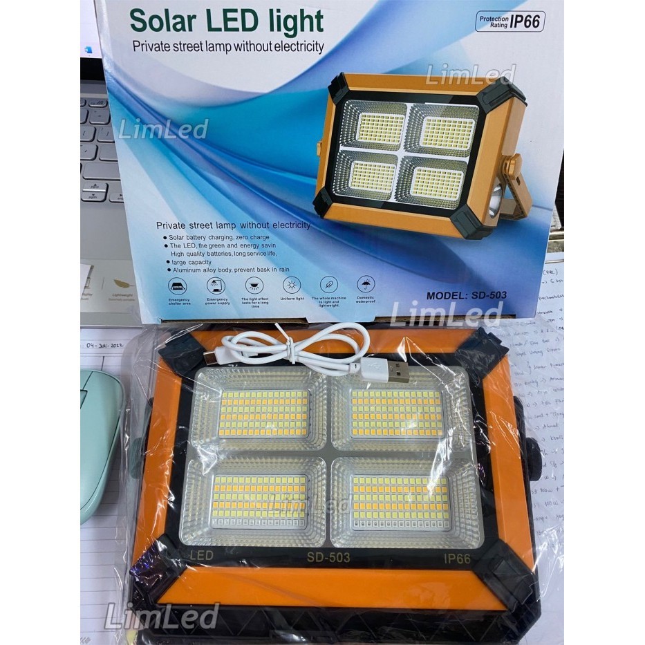 Lampu Sorot Portable LED 200 Watt Cas Listrik Solar Cell Panel 200w