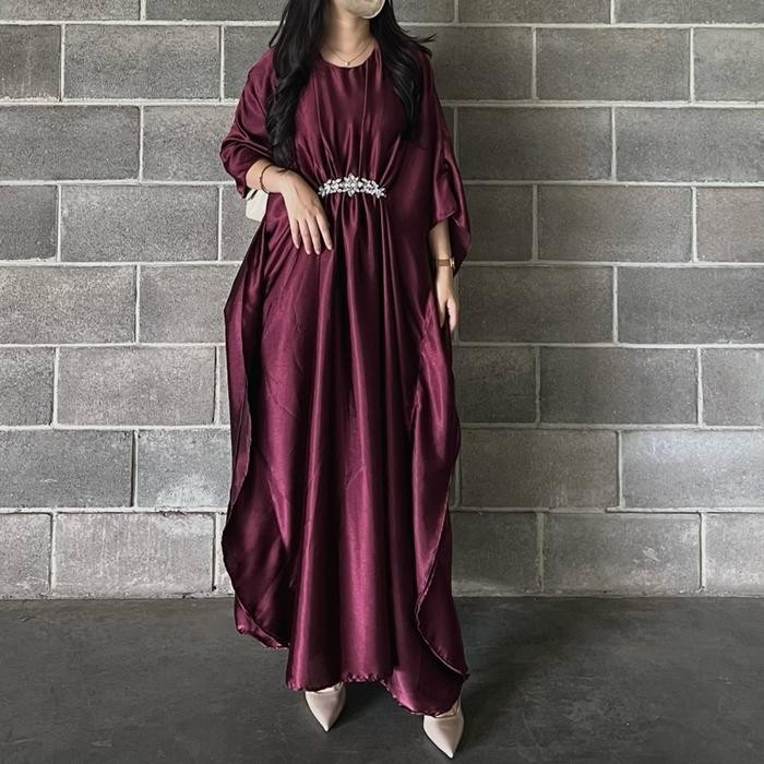 "VN.KIA" - DISKON Silk Dress Payet Kaftan Burgundy Baju Lebaran Wanita Dress Muslim Raya Dress Hijab