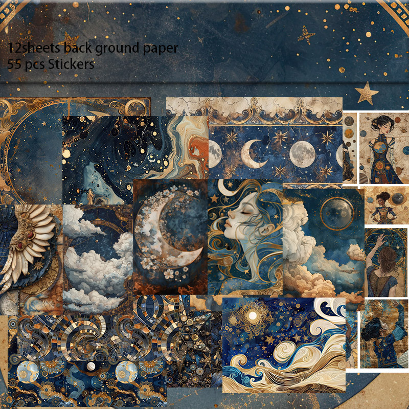 

120pcs Paper and Sticker, Cosmic Theme with Celestial Pattern,Paper Craft, Junk Journal Scrapbooking,Adventure Book,Retro Alblum