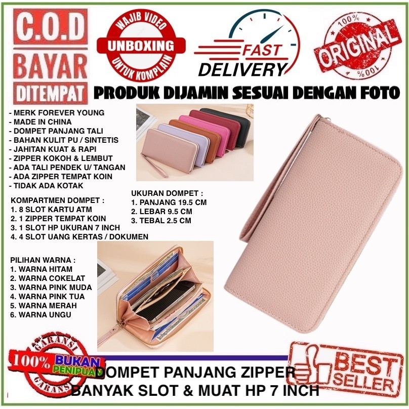 C.O.D Forever Young Dompet Panjang Zipper Wanita Muat HP Besar Dengan Tali Pendek Bahan PU Cantik