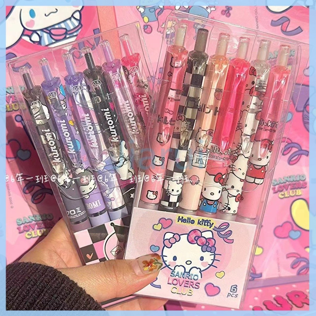 

Jiarui KT Cat Kuromi menekan pena gel/1 pak berisi 6 pulpen gel kartun/pena gel mekanik pola lucu-（0,5mm hitam）