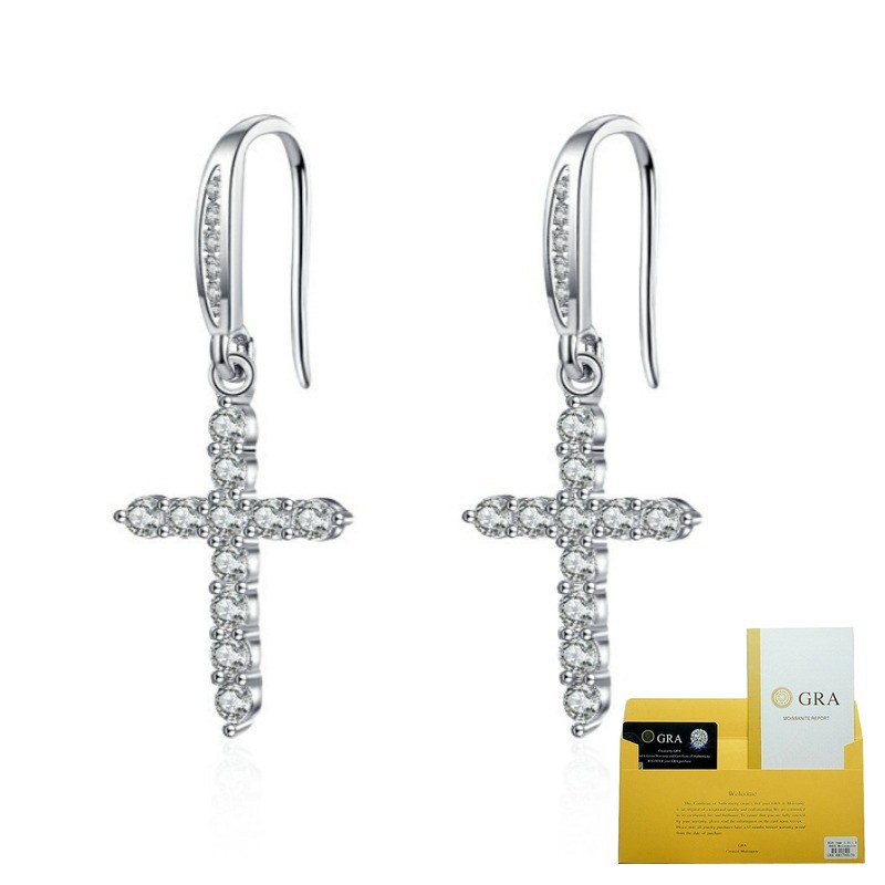 (With Gra Certificate) 925 Silver Cross Ear Hook Anting Berlian Korea Sama Pria Dan Wanita
