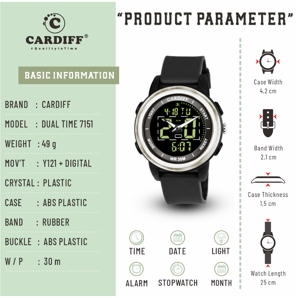 CARDIFF DT 7151 Jam Tangan Pria  Dual Time Water Resist