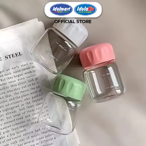 IDOLMART Tumbler Kaca Mini 200ml Botol Minum Aesthetic Tutup Pastel Ringan & Praktis