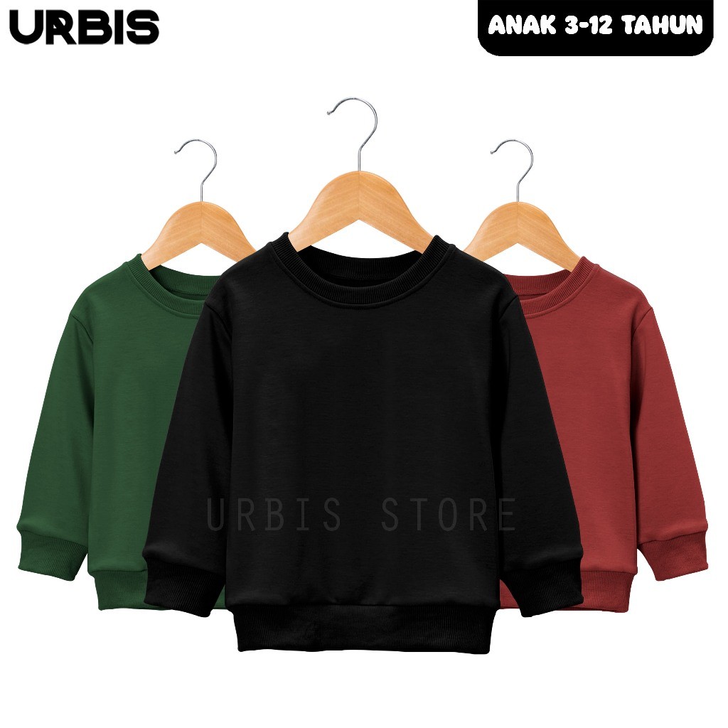 Sweater Crewneck Polos Anak Laki-Laki Perempuan Usia 3-13 Tahun Bahan Tebal Premium