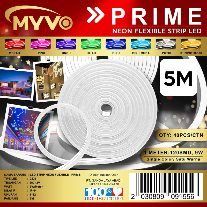 MYVO Prime Lampu Led Strip Neon Flex 5 Meter 2835 RGB