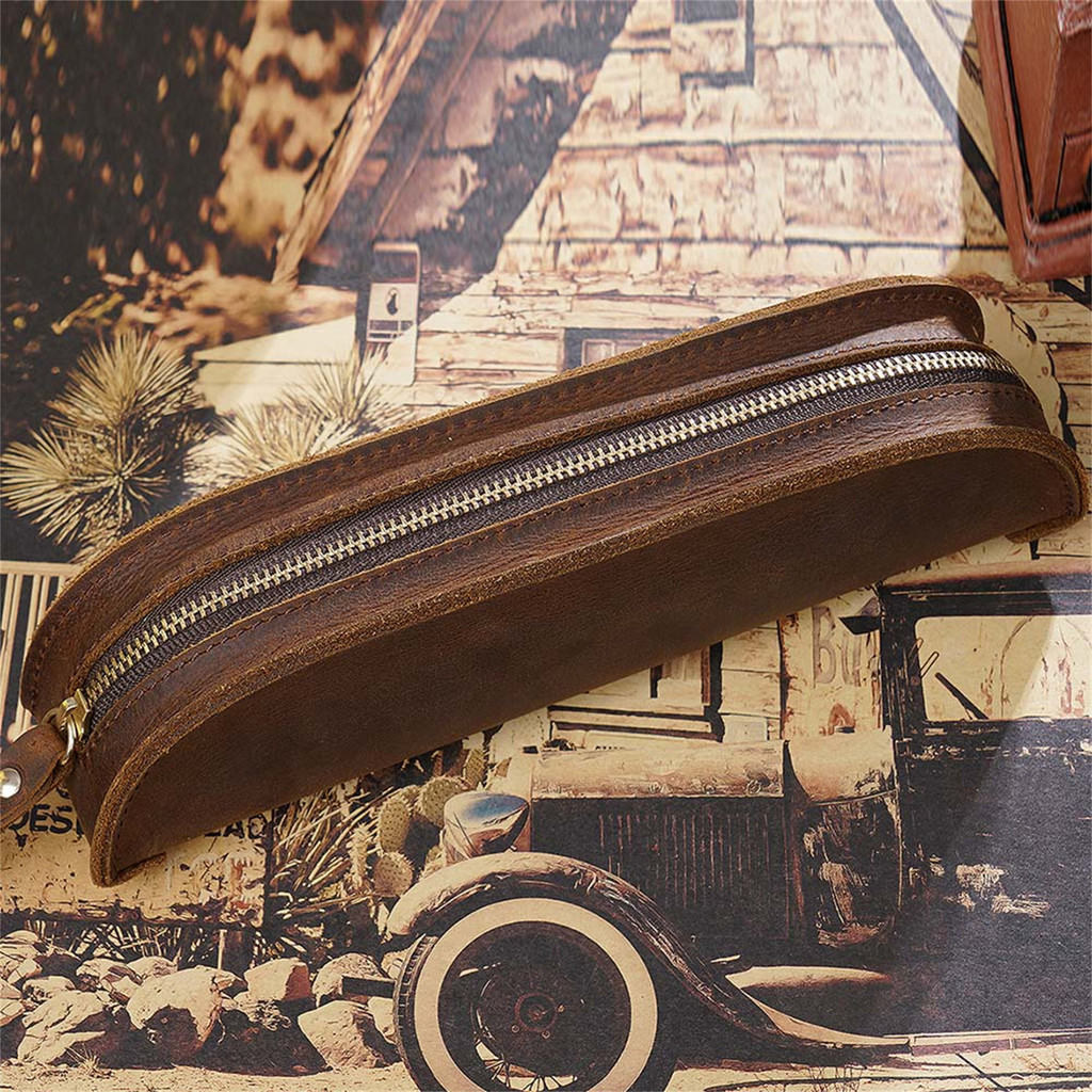 

100% Genuine Leather Pencil Bag Zipper Bag Pen Storage Pouch Vintage Crazy Horse Leather Creative School Stationary Products