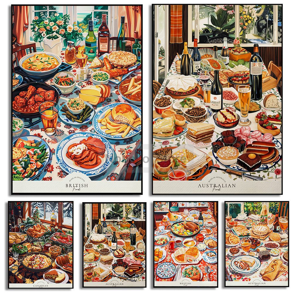 

Dinner Table Food Illustration Poster Retro Kitchen Prints Canvas Painting Wall Art Pictures Home Room Vintage Food Decoration