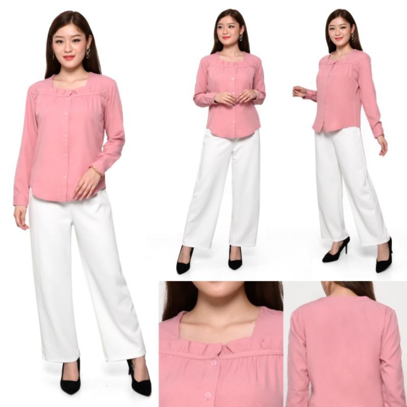 NANTARSHOP Kemeja Wanita Kerja Kantor Polos Blus Putih Hitam Lengan Panjang