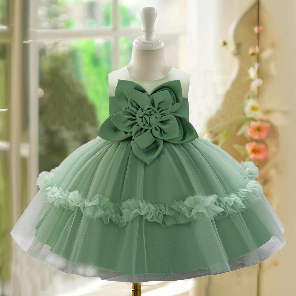 Baby Girls Summer Floral Green Tutu Dresses Kids Big Flower Wedding Party Dress Girl Fancy Birthday 