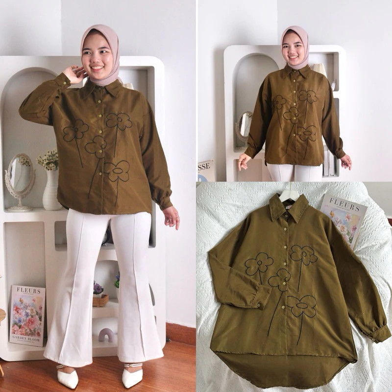 Baju Wanita Trendy Kekinian / FELLA BLOUSE BORDIR Lengan Panjang / Blus Putih
