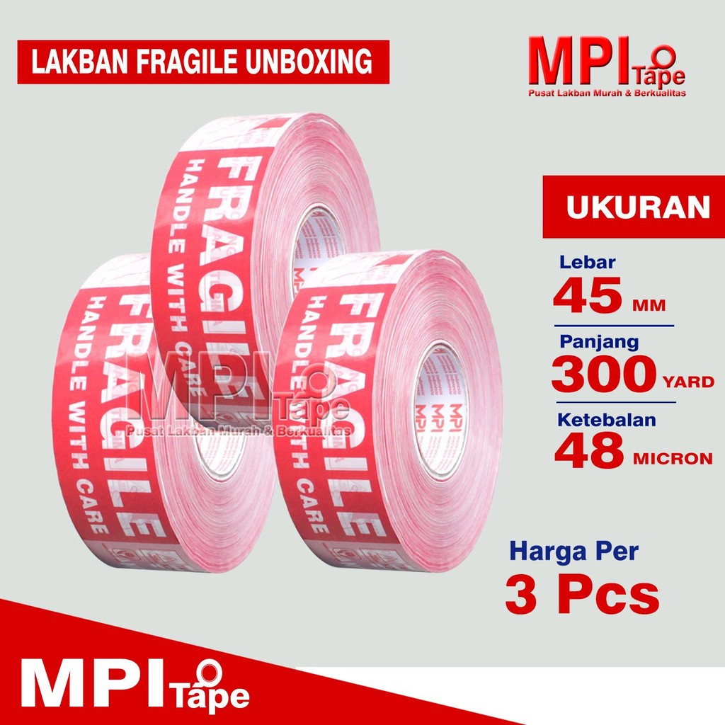 

3 PCS - Lakban Fragile Unboxing 45 mm x 300 yard - Lakban Fragile Merah Putih - MPI