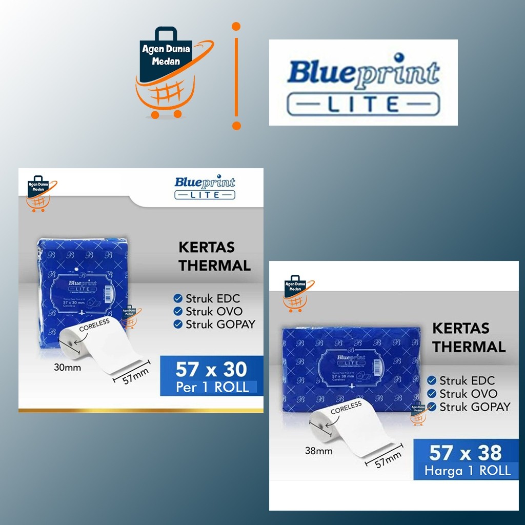 

KERTAS KASIR THERMAL TERMAL 1 Roll BLUEPRINT 57x30mm 57x38mm STRUK KERTAS EDC BRI PPOB CORELESS