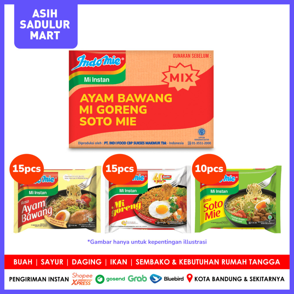 

Indomie Mix Ayam Bawang | Mi Goreng | Soto Mie 1 Dus (40bks) Bandung